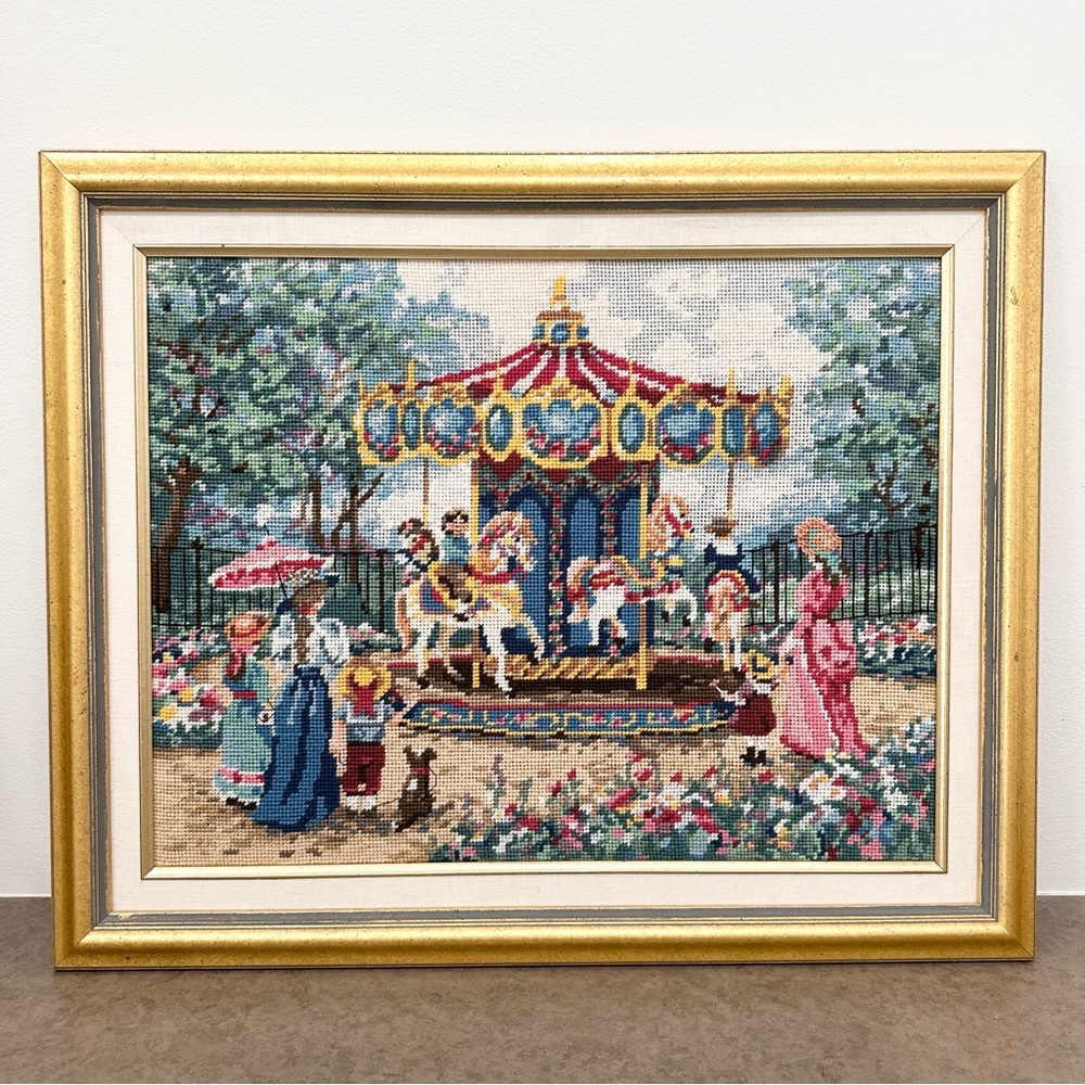 Vintage Professionally Framed Cross-stitch “Magical Horses” 22 X 18 In Carousel